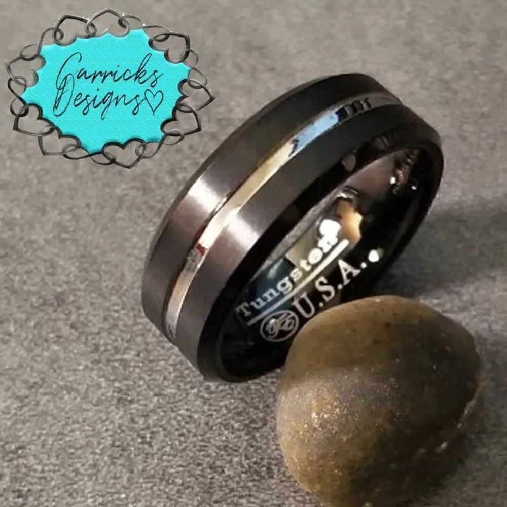 Men's Real Black Tungsten Wedding Ring With A Silver Filled Center Groove